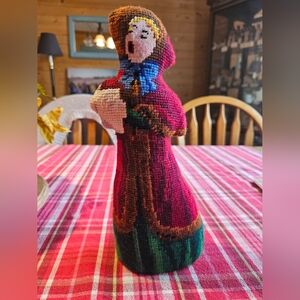 Amazing Vintage Needlepoint Standing Christmas Caroler With A 3-D Effect